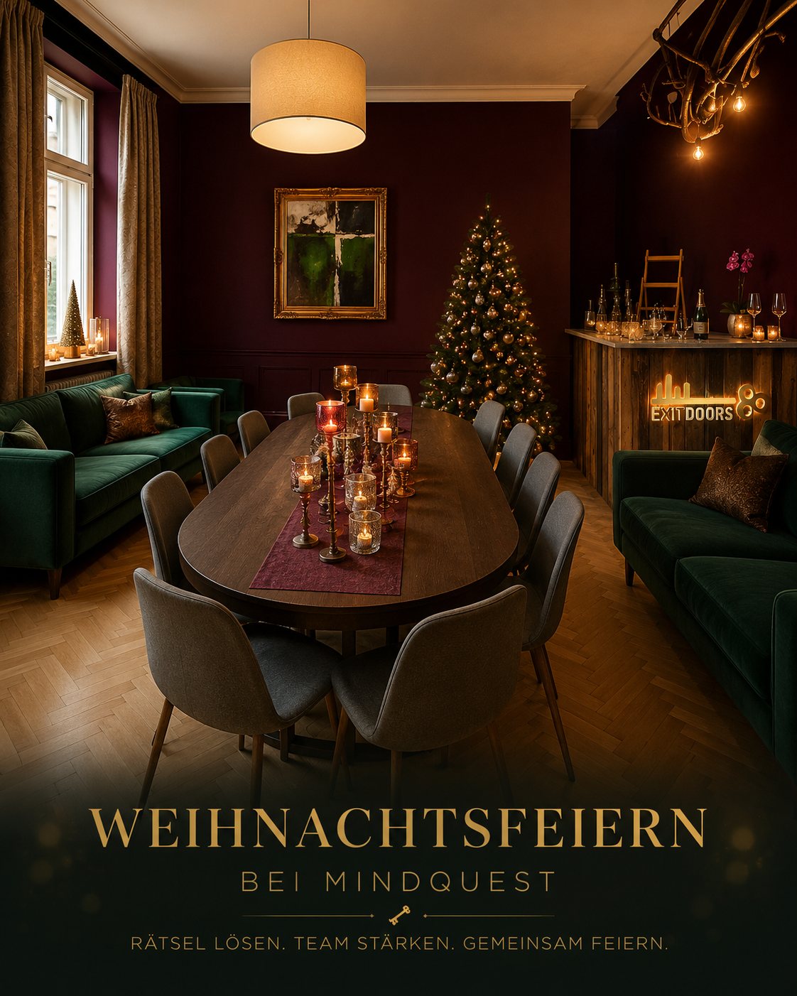 Weihnachtsfeiern bei MindQuest: gedeckter Tisch, Christbaum und Bar im weihnachtlich beleuchteten Raum