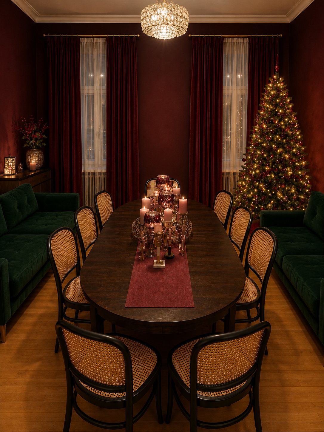 Langer gedeckter Tisch mit Kerzen in der Lounge, dunkelgrüne Samtsofas und geschmückter Christbaum